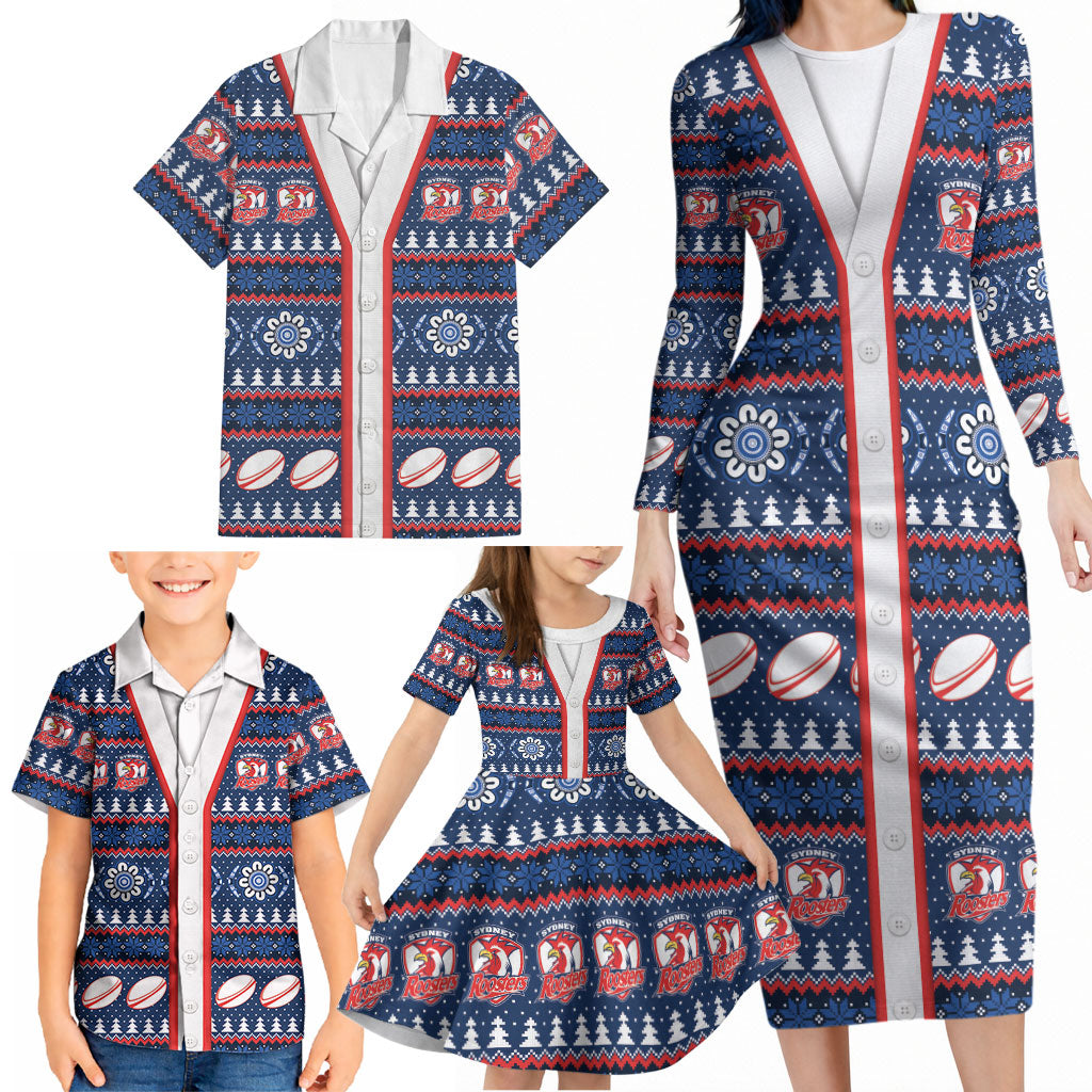 Roosters Rugby Christmas Family Matching Long Sleeve Bodycon Dress and Hawaiian Shirt Aboriginal Seamless Cardigan Inspired