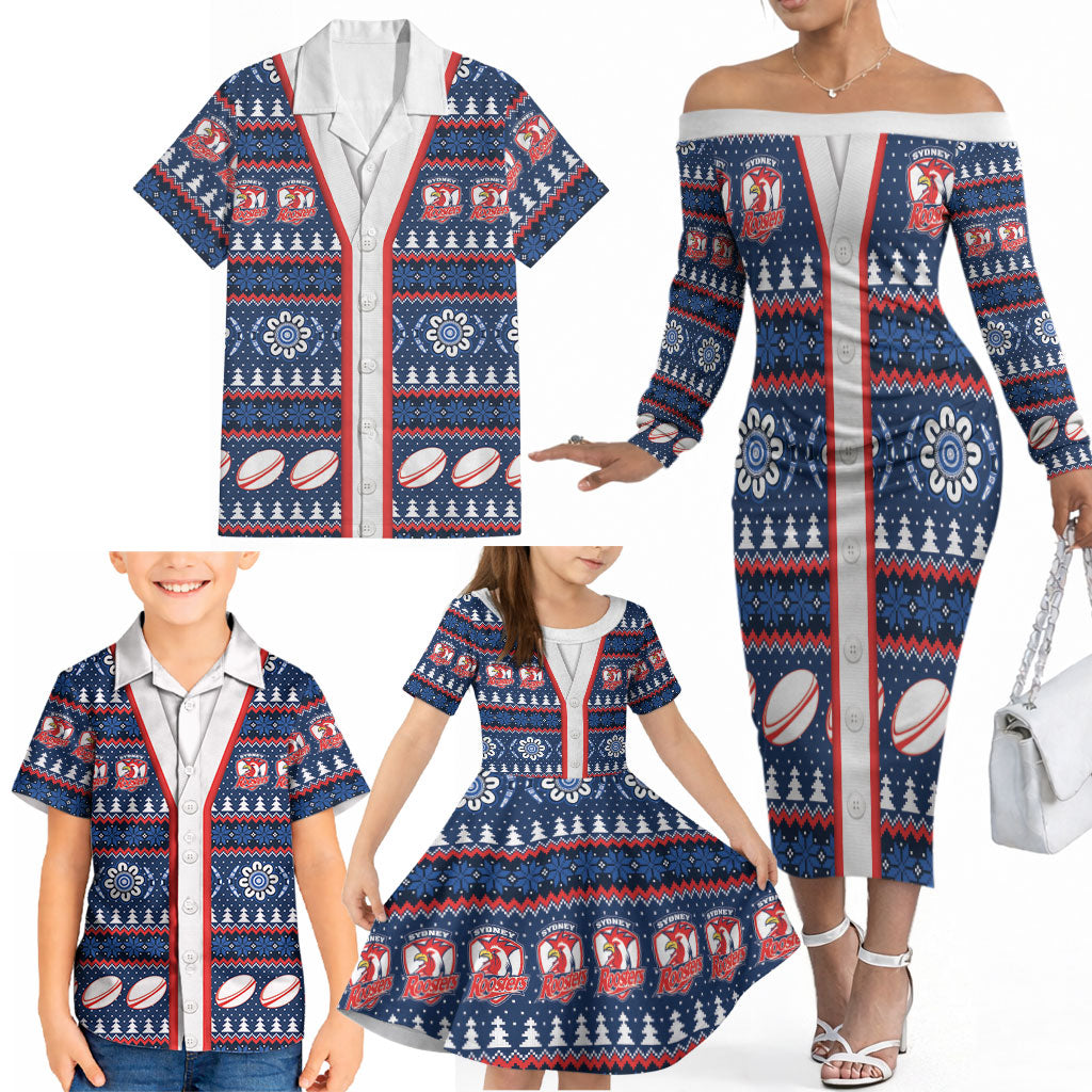 Roosters Rugby Christmas Family Matching Off The Shoulder Long Sleeve Dress and Hawaiian Shirt Aboriginal Seamless Cardigan Inspired