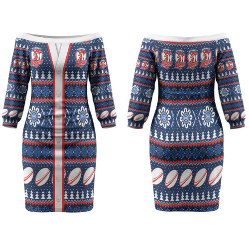 Roosters Rugby Christmas Family Matching Off The Shoulder Long Sleeve Dress and Hawaiian Shirt Aboriginal Seamless Cardigan Inspired