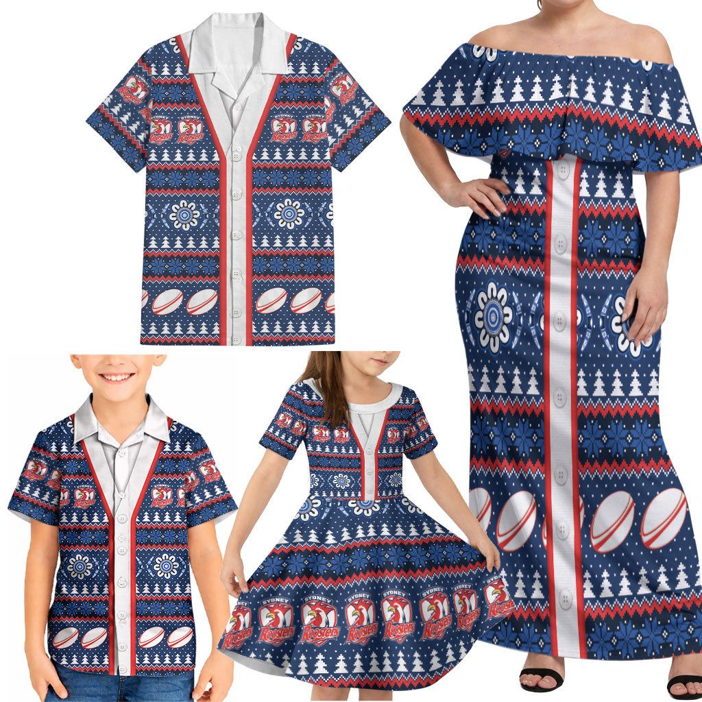 Roosters Rugby Christmas Family Matching Off Shoulder Maxi Dress and Hawaiian Shirt Aboriginal Seamless Cardigan Inspired