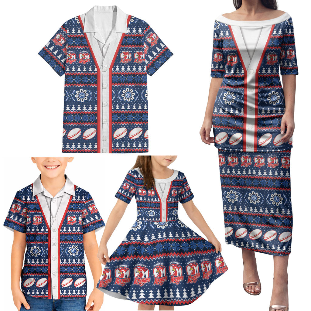 Roosters Rugby Christmas Family Matching Puletasi and Hawaiian Shirt Aboriginal Seamless Cardigan Inspired