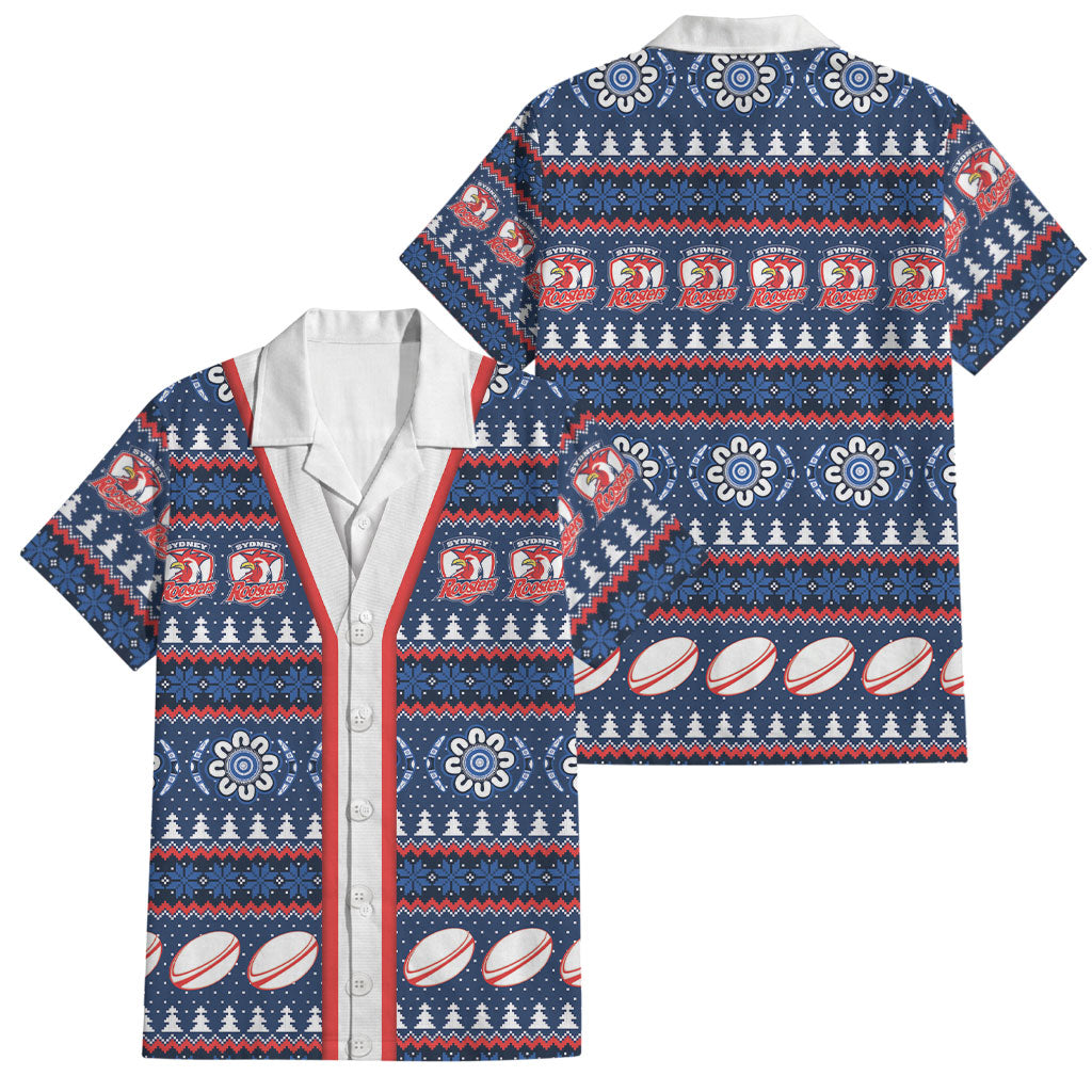 Roosters Rugby Christmas Family Matching Short Sleeve Bodycon Dress and Hawaiian Shirt Aboriginal Seamless Cardigan Inspired