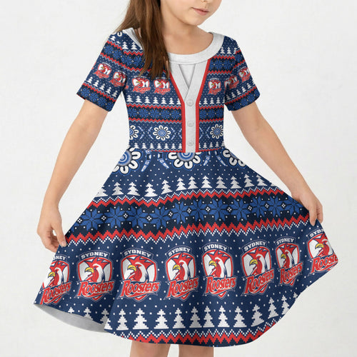 Roosters Rugby Christmas Kid Short Sleeve Dress Aboriginal Seamless Cardigan Inspired