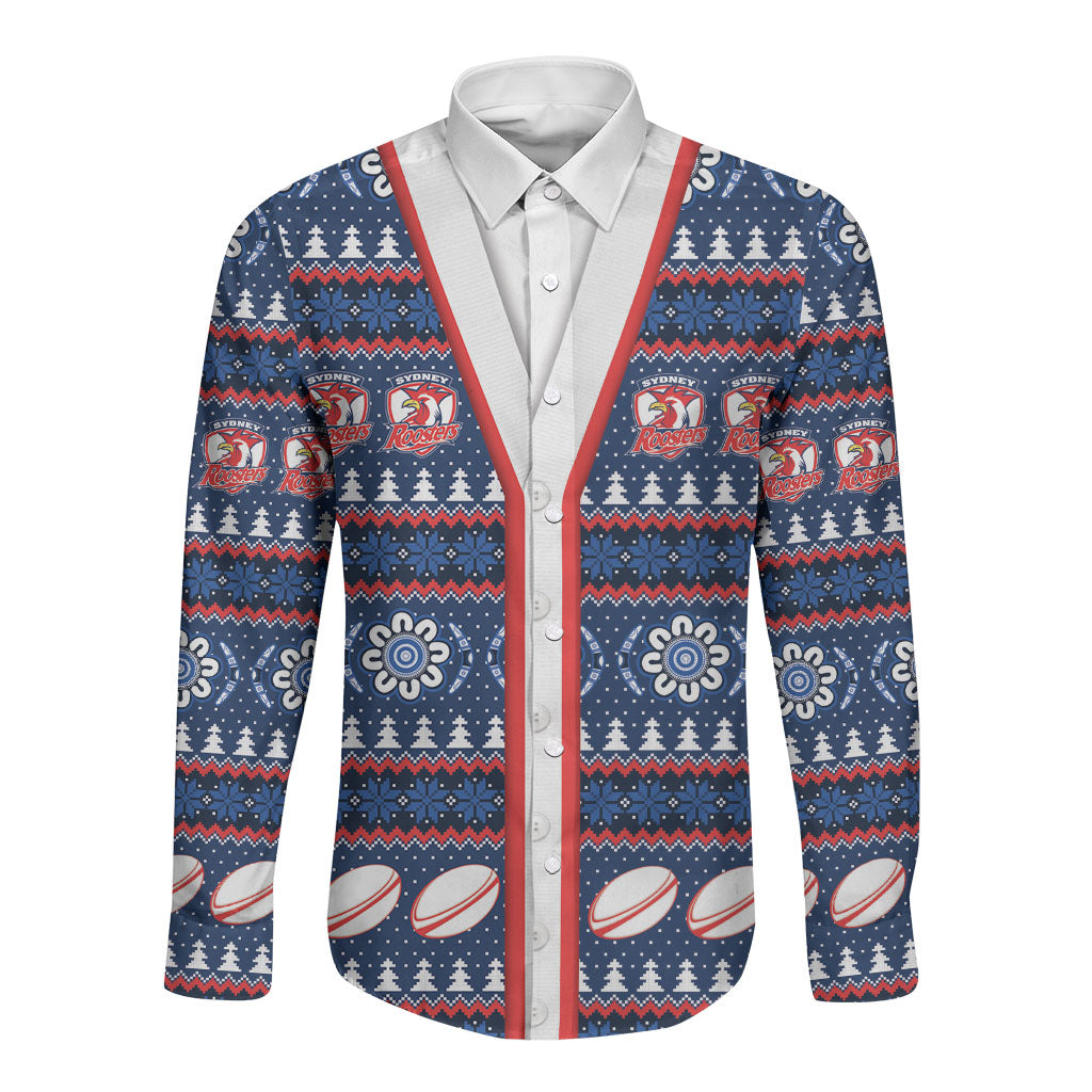Roosters Rugby Christmas Long Sleeve Button Shirt Aboriginal Seamless Cardigan Inspired