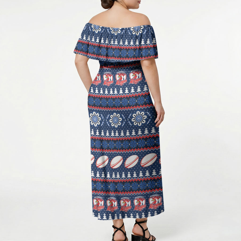 Roosters Rugby Christmas Off Shoulder Maxi Dress Aboriginal Seamless Cardigan Inspired