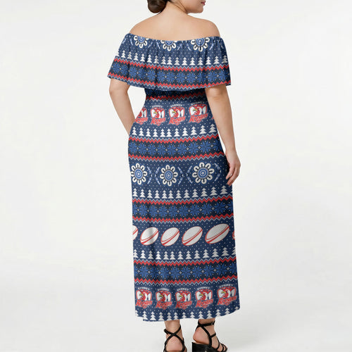 Roosters Rugby Christmas Off Shoulder Maxi Dress Aboriginal Seamless Cardigan Inspired