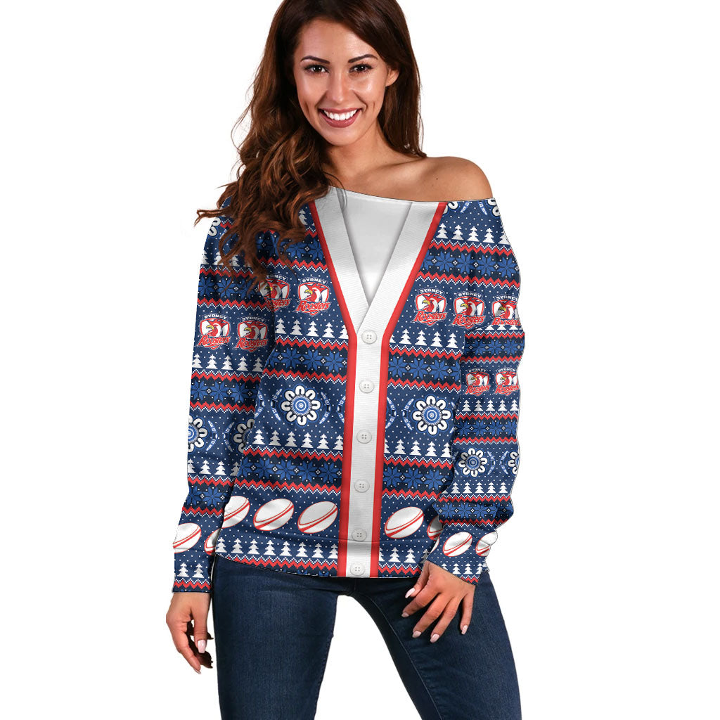 Roosters Rugby Christmas Off Shoulder Sweater Aboriginal Seamless Cardigan Inspired