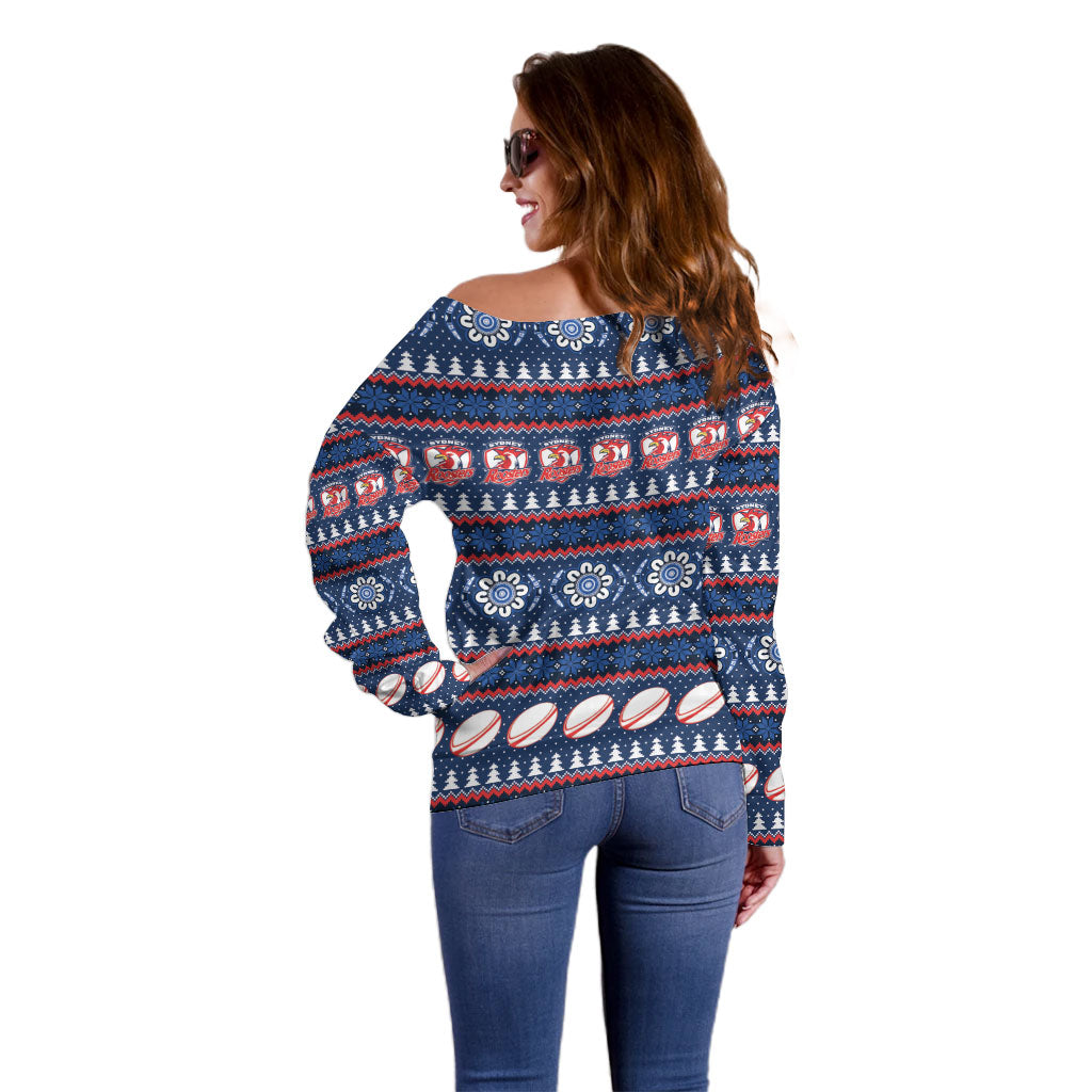 Roosters Rugby Christmas Off Shoulder Sweater Aboriginal Seamless Cardigan Inspired