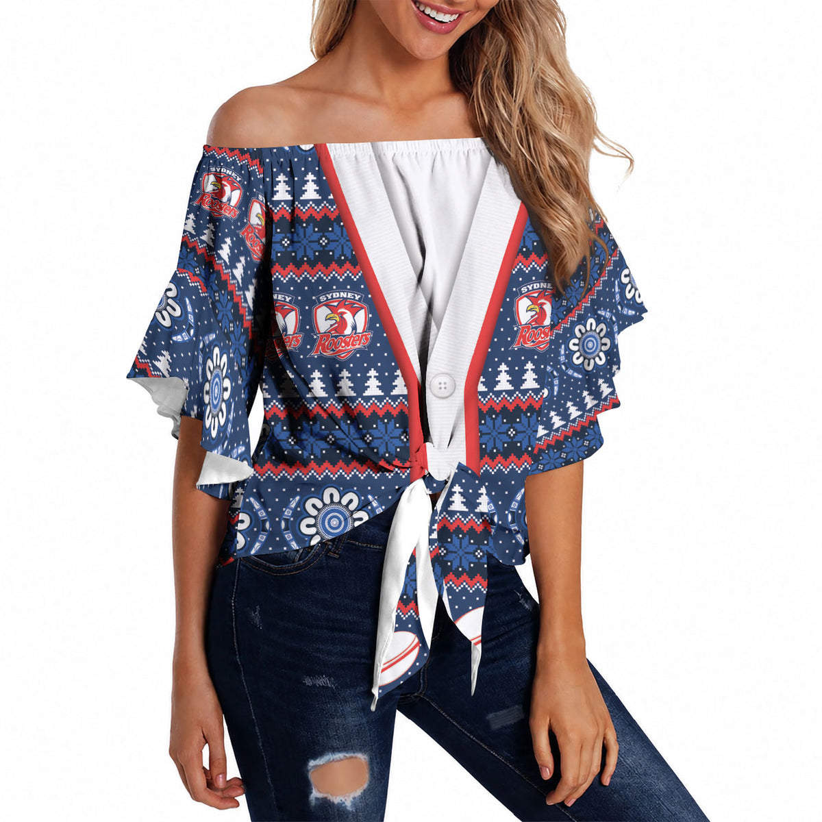Roosters Rugby Christmas Off Shoulder Wrap Waist Top Aboriginal Seamless Cardigan Inspired