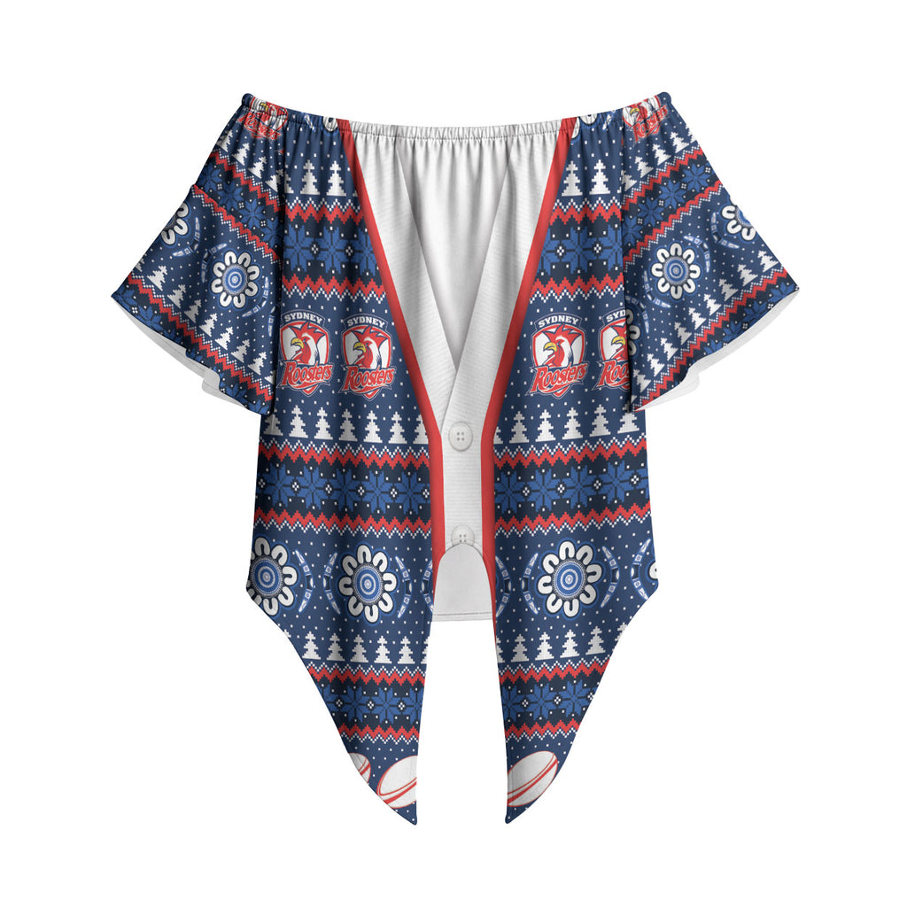 Roosters Rugby Christmas Off Shoulder Wrap Waist Top Aboriginal Seamless Cardigan Inspired