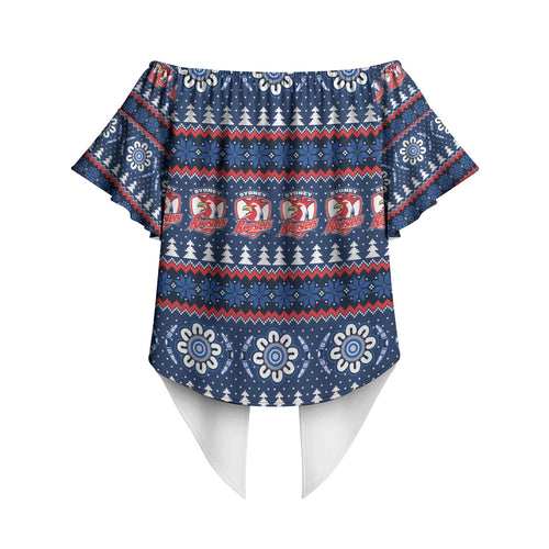 Roosters Rugby Christmas Off Shoulder Wrap Waist Top Aboriginal Seamless Cardigan Inspired