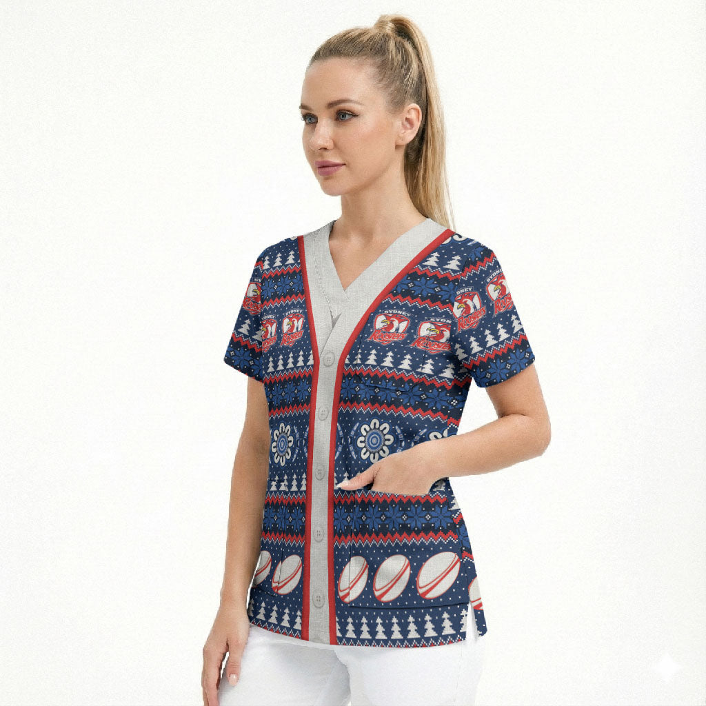 Roosters Rugby Christmas Scrub Top Aboriginal Seamless Cardigan Inspired