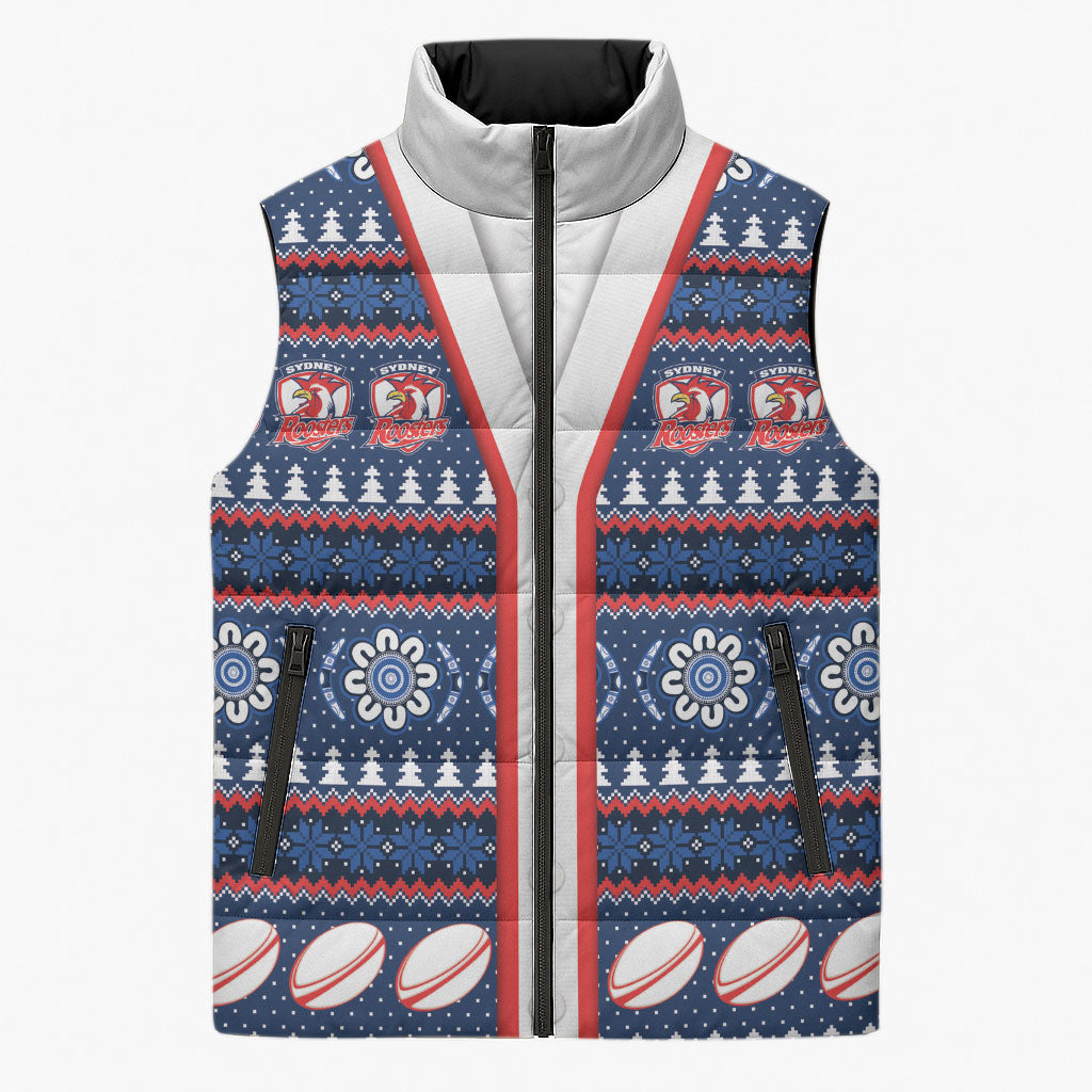 Roosters Rugby Christmas Sleeveless Puffer Jacket Aboriginal Seamless Cardigan Inspired