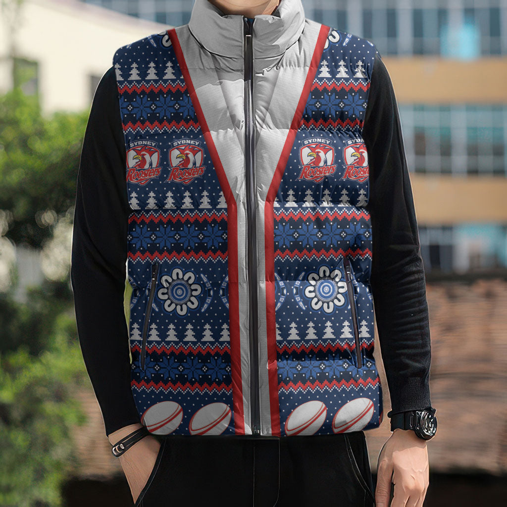 Roosters Rugby Christmas Sleeveless Puffer Jacket Aboriginal Seamless Cardigan Inspired