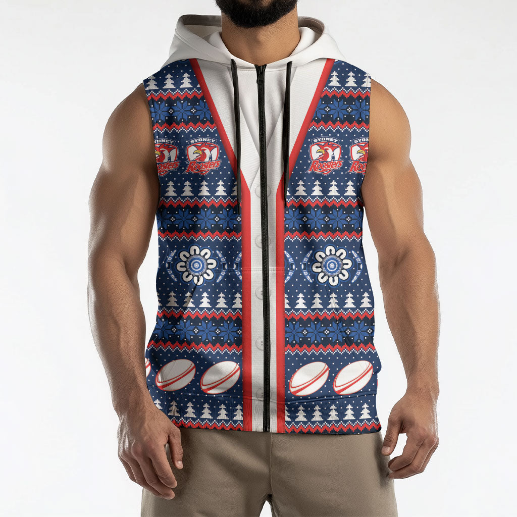 Roosters Rugby Christmas Sleeveless Zip Hoodie Aboriginal Seamless Cardigan Inspired