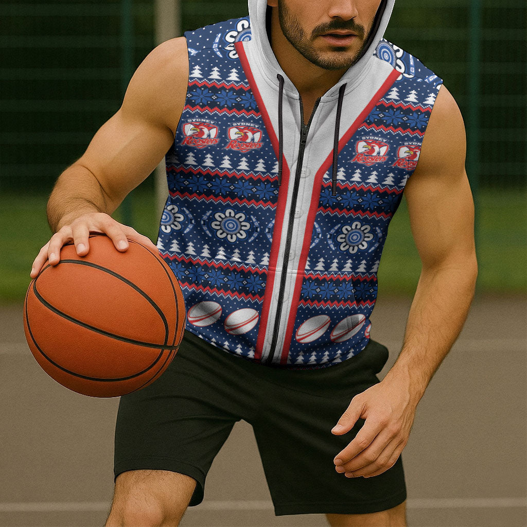 Roosters Rugby Christmas Sleeveless Zip Hoodie Aboriginal Seamless Cardigan Inspired