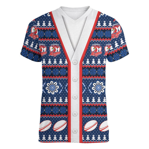 Roosters Rugby Christmas Women V-Neck T-Shirt Aboriginal Seamless Cardigan Inspired