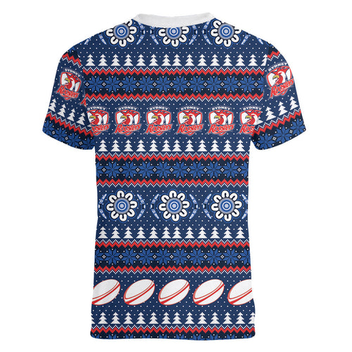 Roosters Rugby Christmas Women V-Neck T-Shirt Aboriginal Seamless Cardigan Inspired