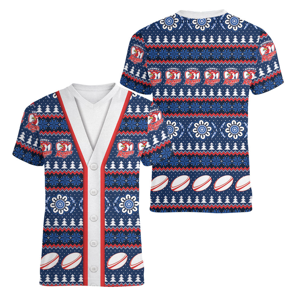 Roosters Rugby Christmas Women V-Neck T-Shirt Aboriginal Seamless Cardigan Inspired
