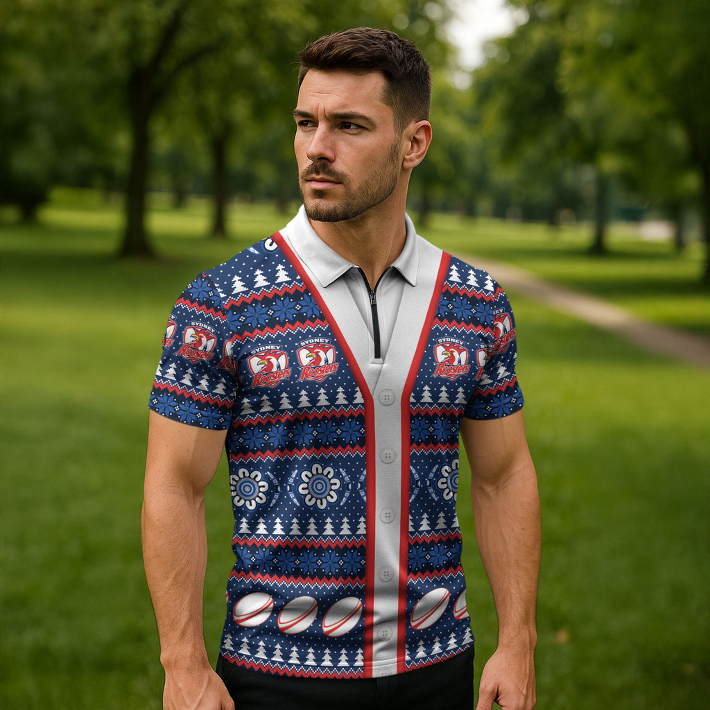 Roosters Rugby Christmas Zipper Polo Shirt Aboriginal Seamless Cardigan Inspired