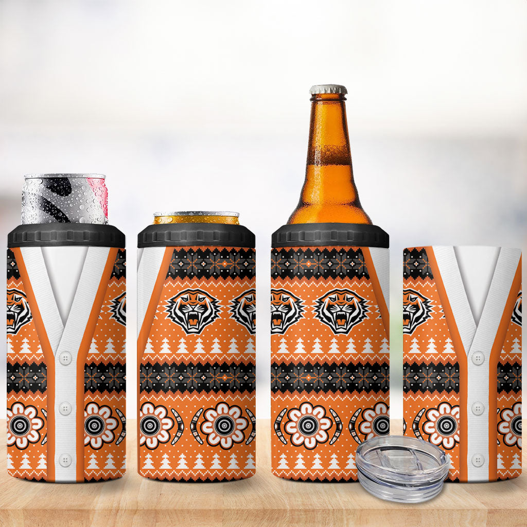 Tigers Rugby Christmas 4 in 1 Can Cooler Tumbler Aboriginal Seamless Cardigan Inspired