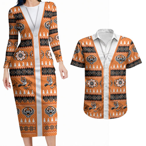 Tigers Rugby Christmas Couples Matching Long Sleeve Bodycon Dress and Hawaiian Shirt Aboriginal Seamless Cardigan Inspired