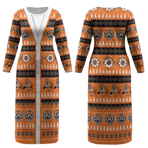 Tigers Rugby Christmas Couples Matching Long Sleeve Bodycon Dress and Hawaiian Shirt Aboriginal Seamless Cardigan Inspired