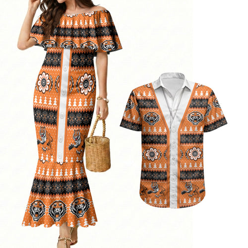 Tigers Rugby Christmas Couples Matching Mermaid Dress and Hawaiian Shirt Aboriginal Seamless Cardigan Inspired