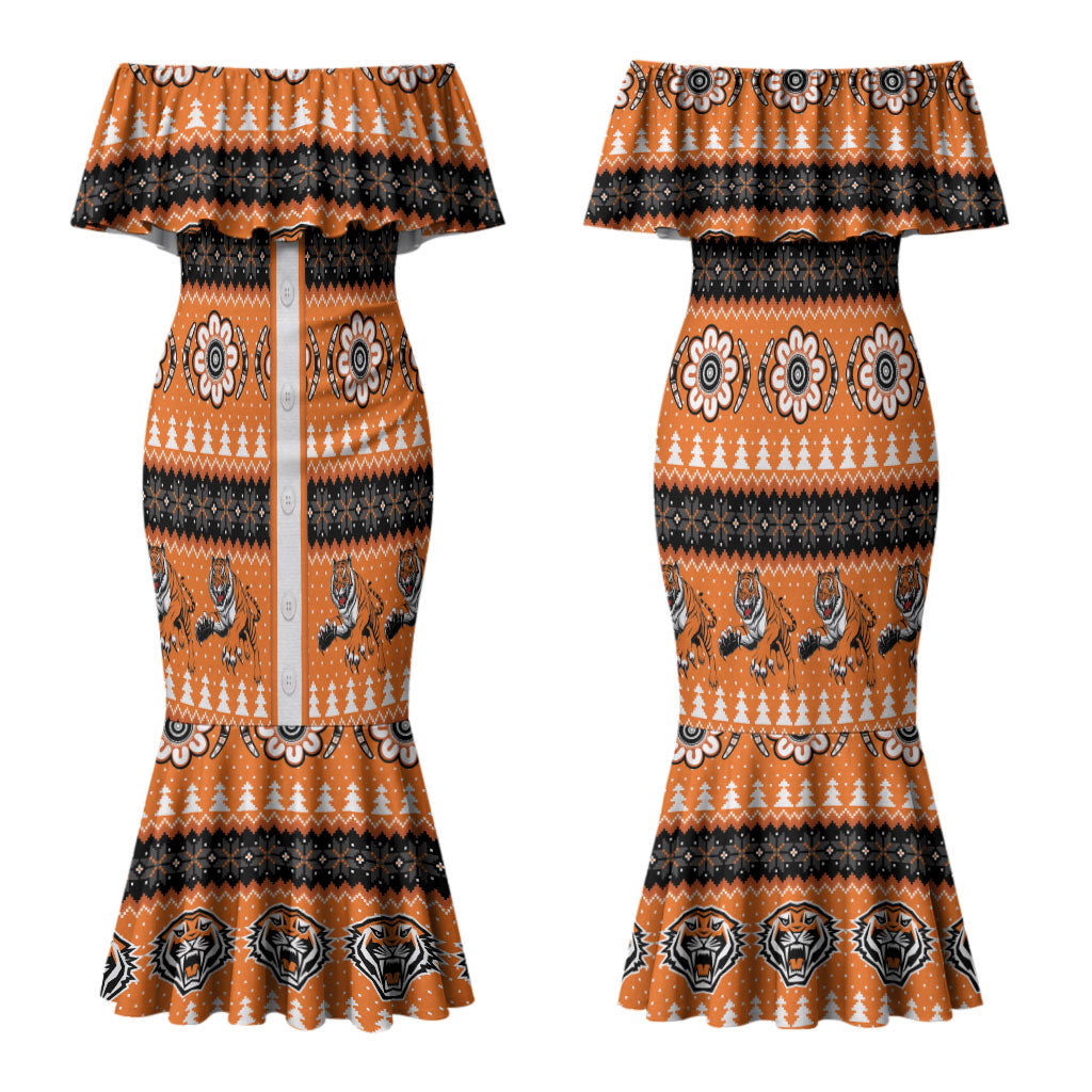 Tigers Rugby Christmas Couples Matching Mermaid Dress and Hawaiian Shirt Aboriginal Seamless Cardigan Inspired