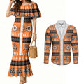 Tigers Rugby Christmas Couples Matching Mermaid Dress and Long Sleeve Button Shirt Aboriginal Seamless Cardigan Inspired