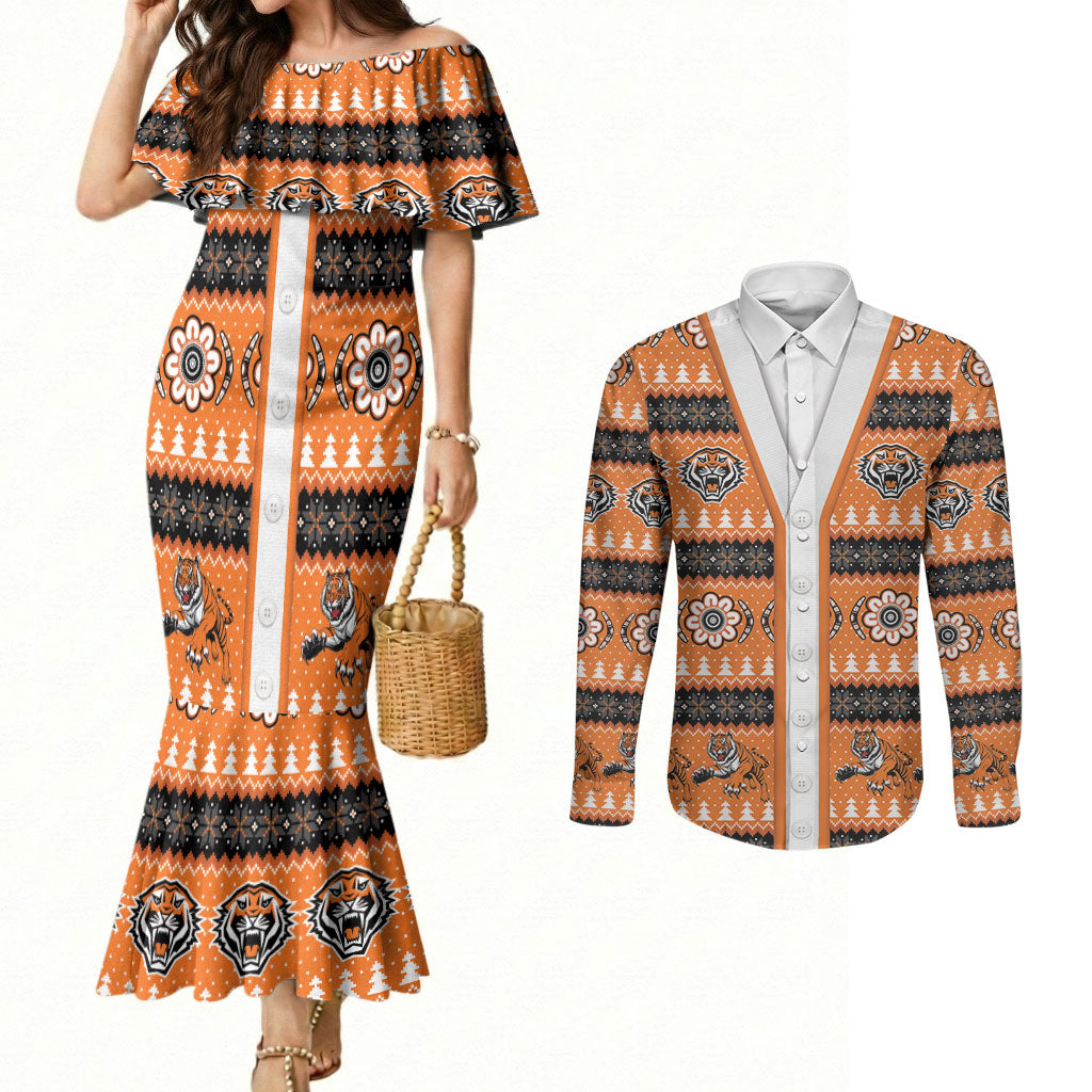 Tigers Rugby Christmas Couples Matching Mermaid Dress and Long Sleeve Button Shirt Aboriginal Seamless Cardigan Inspired