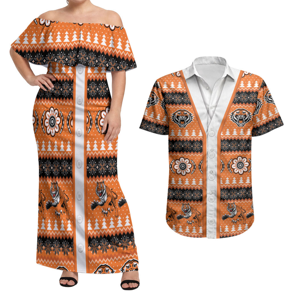 Tigers Rugby Christmas Couples Matching Off Shoulder Maxi Dress and Hawaiian Shirt Aboriginal Seamless Cardigan Inspired