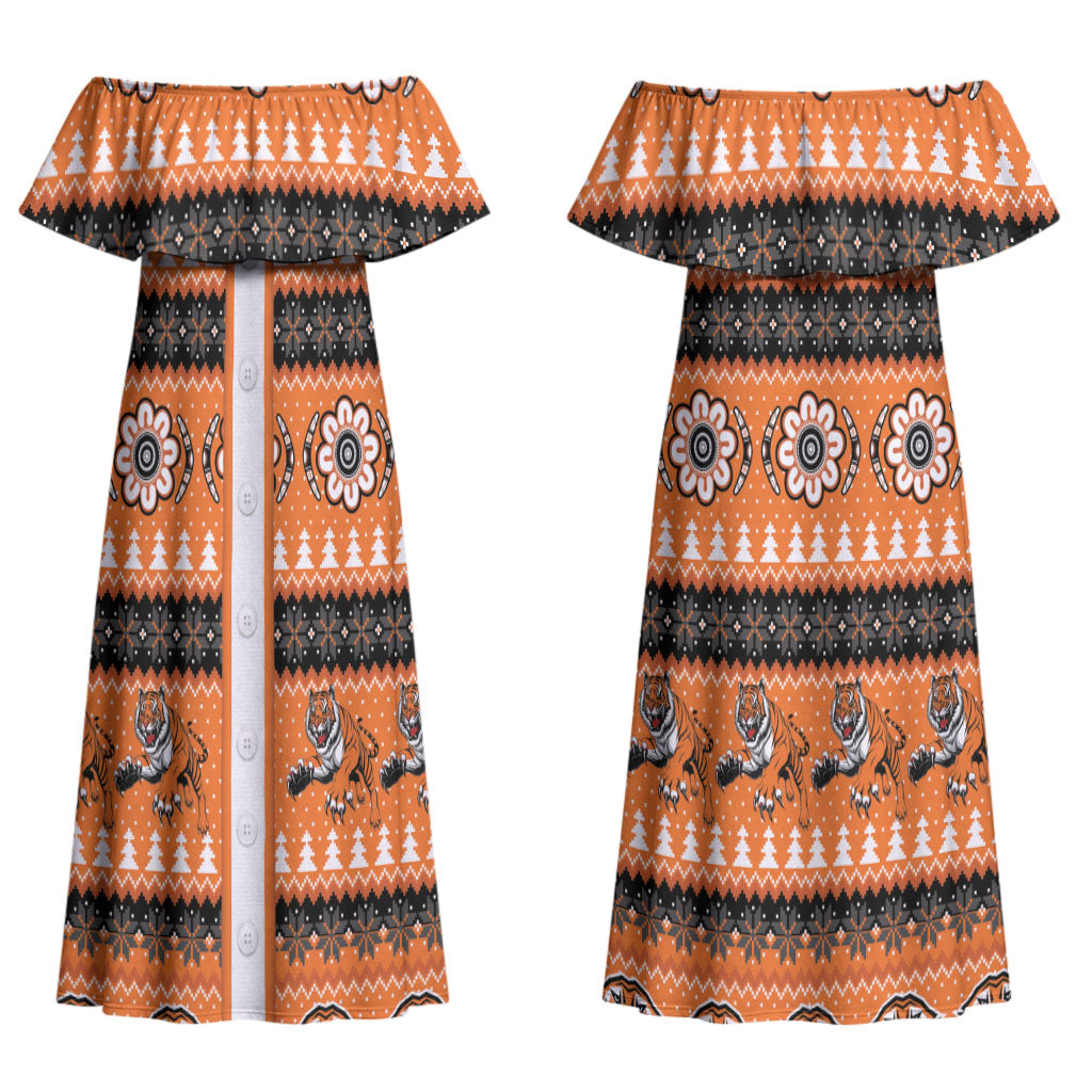 Tigers Rugby Christmas Couples Matching Off Shoulder Maxi Dress and Hawaiian Shirt Aboriginal Seamless Cardigan Inspired