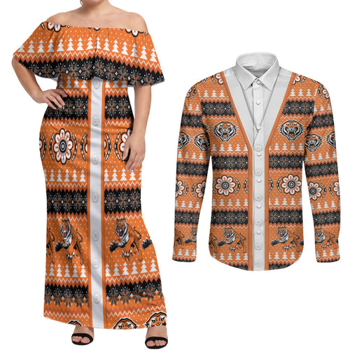 Tigers Rugby Christmas Couples Matching Off Shoulder Maxi Dress and Long Sleeve Button Shirt Aboriginal Seamless Cardigan Inspired