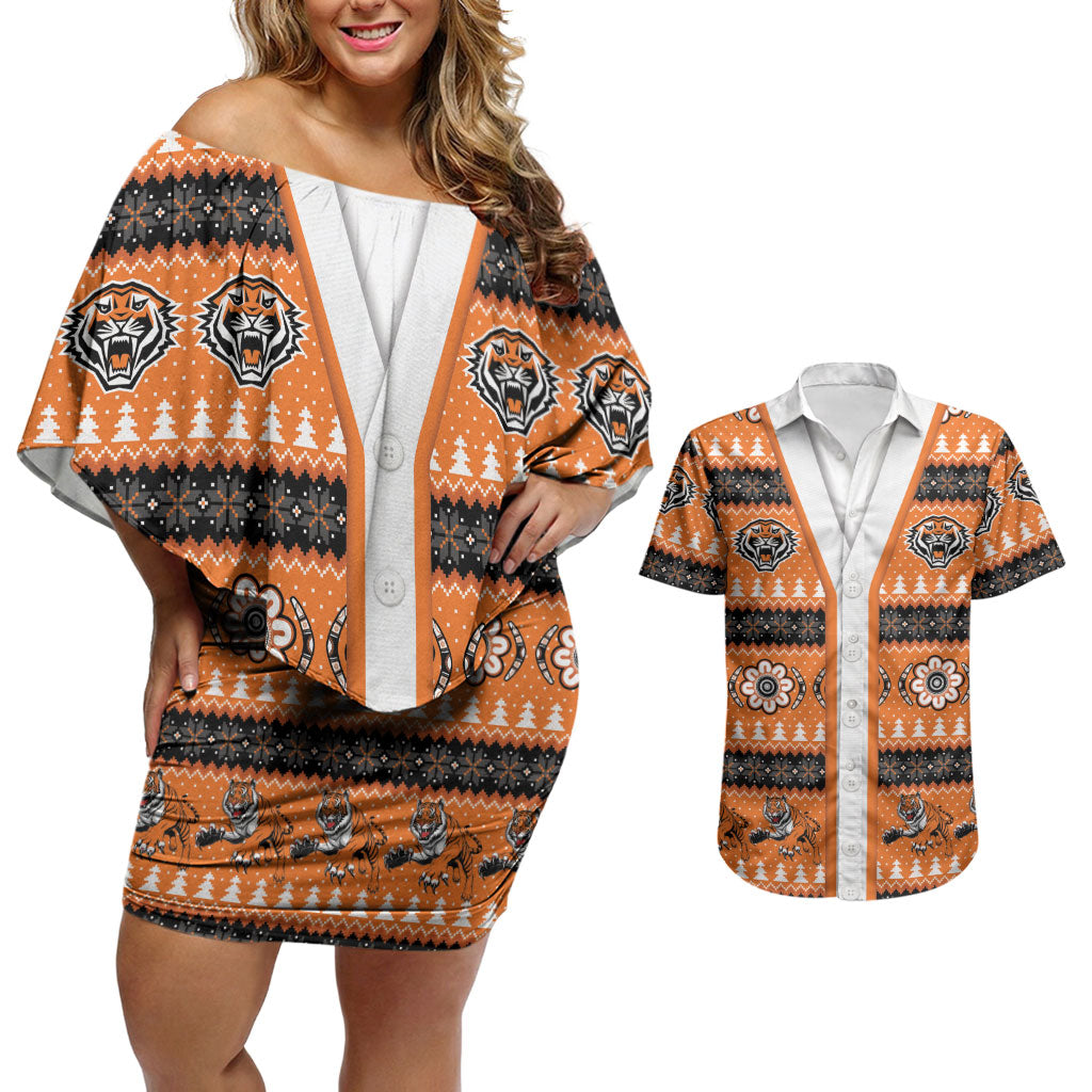 Tigers Rugby Christmas Couples Matching Off Shoulder Short Dress and Hawaiian Shirt Aboriginal Seamless Cardigan Inspired