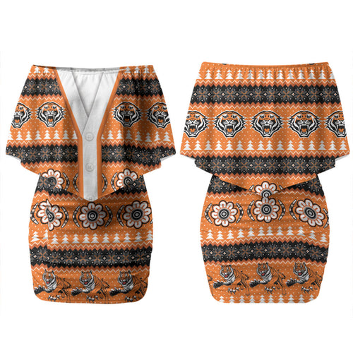 Tigers Rugby Christmas Couples Matching Off Shoulder Short Dress and Long Sleeve Button Shirt Aboriginal Seamless Cardigan Inspired