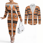 Tigers Rugby Christmas Couples Matching Off The Shoulder Long Sleeve Dress and Long Sleeve Button Shirt Aboriginal Seamless Cardigan Inspired