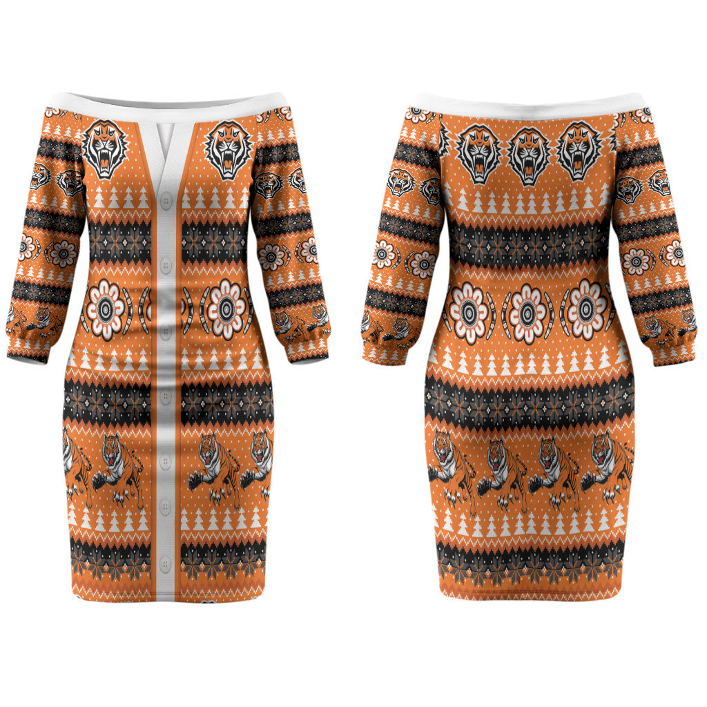 Tigers Rugby Christmas Couples Matching Off The Shoulder Long Sleeve Dress and Long Sleeve Button Shirt Aboriginal Seamless Cardigan Inspired