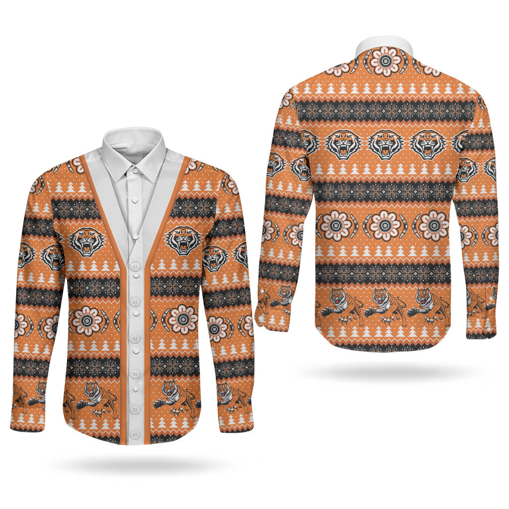 Tigers Rugby Christmas Couples Matching Puletasi and Long Sleeve Button Shirt Aboriginal Seamless Cardigan Inspired