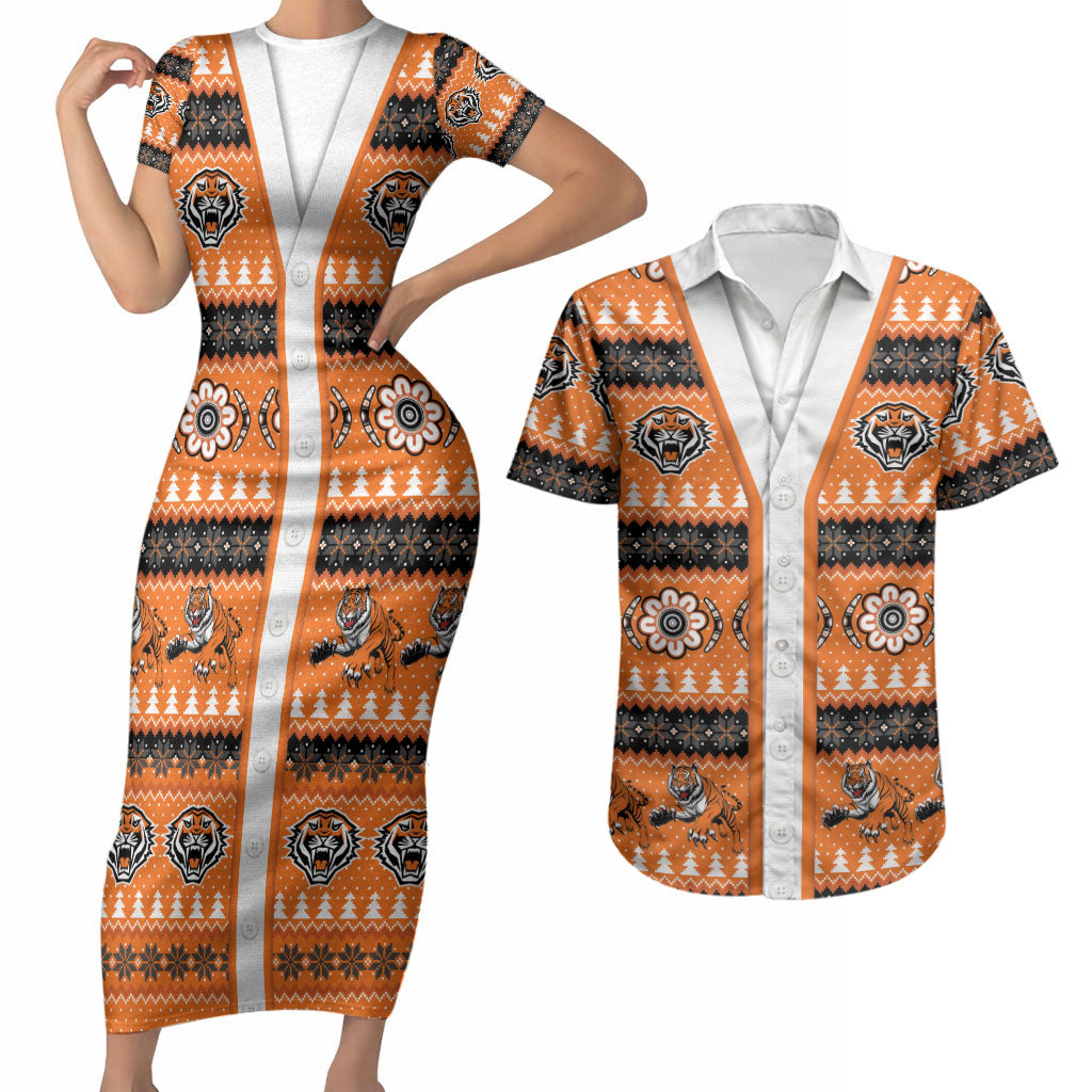 Tigers Rugby Christmas Couples Matching Short Sleeve Bodycon Dress and Hawaiian Shirt Aboriginal Seamless Cardigan Inspired