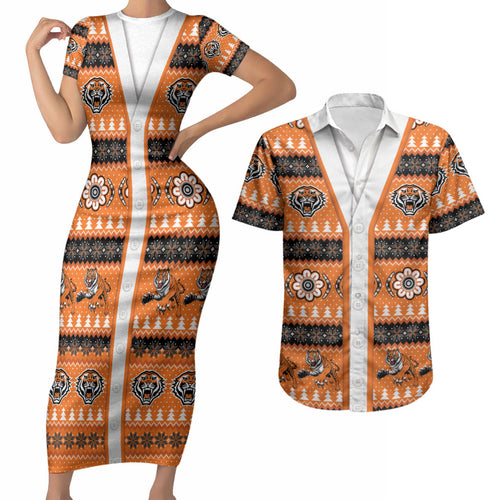 Tigers Rugby Christmas Couples Matching Short Sleeve Bodycon Dress and Hawaiian Shirt Aboriginal Seamless Cardigan Inspired