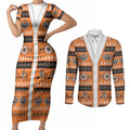Tigers Rugby Christmas Couples Matching Short Sleeve Bodycon Dress and Long Sleeve Button Shirt Aboriginal Seamless Cardigan Inspired