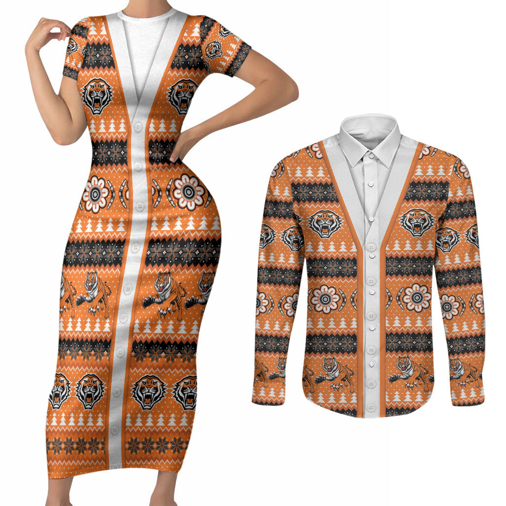 Tigers Rugby Christmas Couples Matching Short Sleeve Bodycon Dress and Long Sleeve Button Shirt Aboriginal Seamless Cardigan Inspired