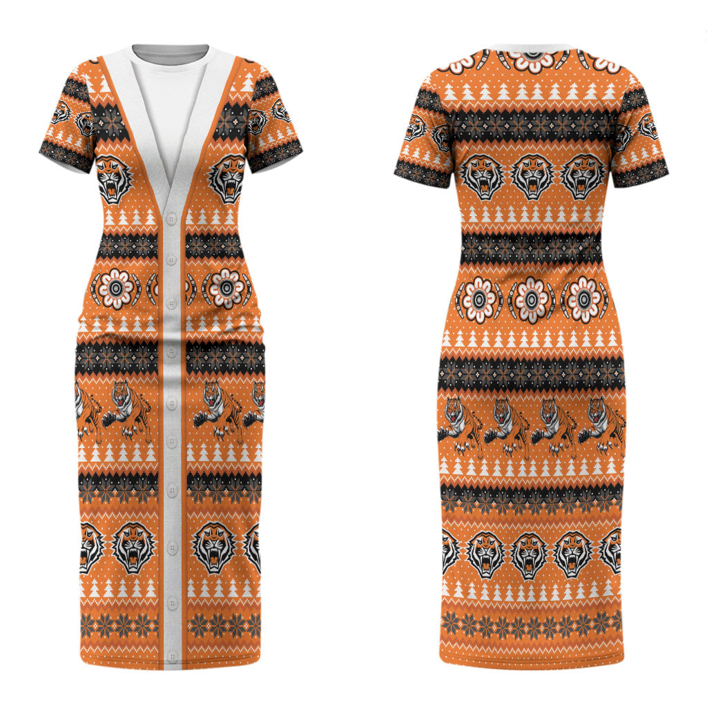 Tigers Rugby Christmas Couples Matching Short Sleeve Bodycon Dress and Long Sleeve Button Shirt Aboriginal Seamless Cardigan Inspired