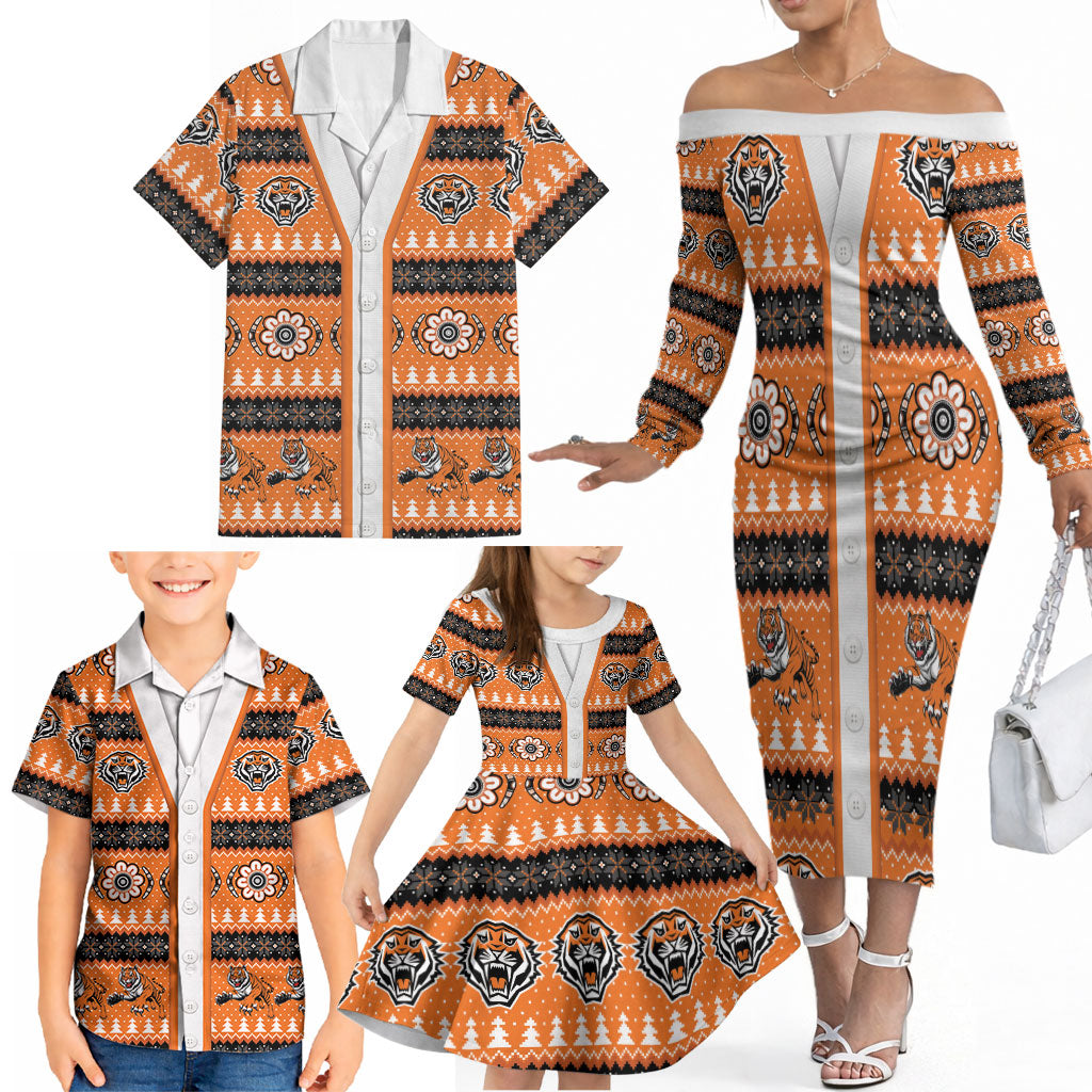 Tigers Rugby Christmas Family Matching Off The Shoulder Long Sleeve Dress and Hawaiian Shirt Aboriginal Seamless Cardigan Inspired