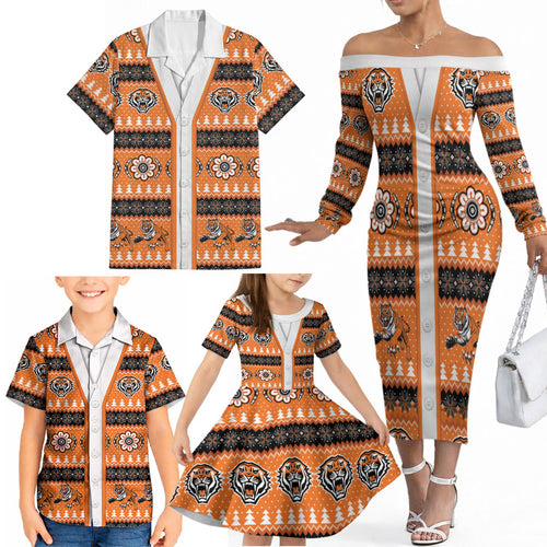 Tigers Rugby Christmas Family Matching Off The Shoulder Long Sleeve Dress and Hawaiian Shirt Aboriginal Seamless Cardigan Inspired