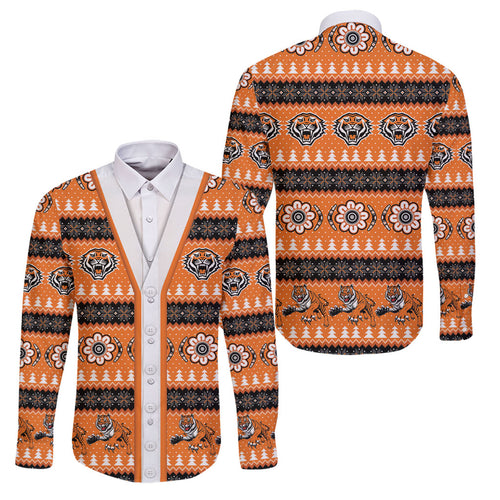 Tigers Rugby Christmas Family Matching Off The Shoulder Long Sleeve Dress and Hawaiian Shirt Aboriginal Seamless Cardigan Inspired