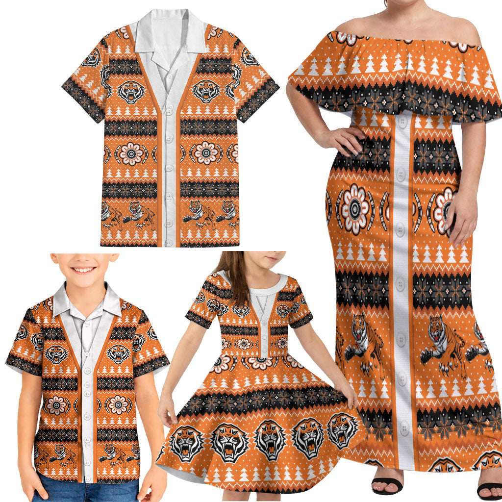 Tigers Rugby Christmas Family Matching Off Shoulder Maxi Dress and Hawaiian Shirt Aboriginal Seamless Cardigan Inspired