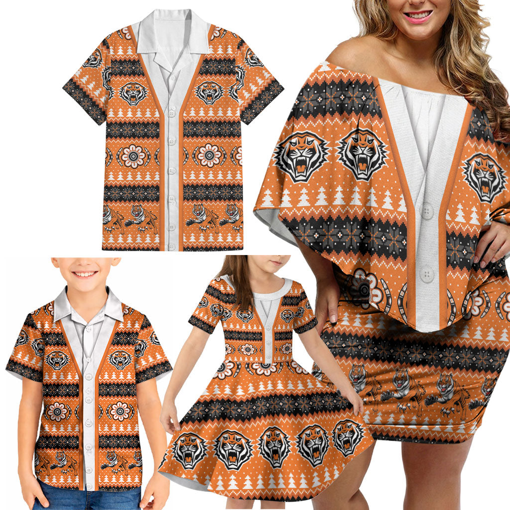 Tigers Rugby Christmas Family Matching Off Shoulder Short Dress and Hawaiian Shirt Aboriginal Seamless Cardigan Inspired