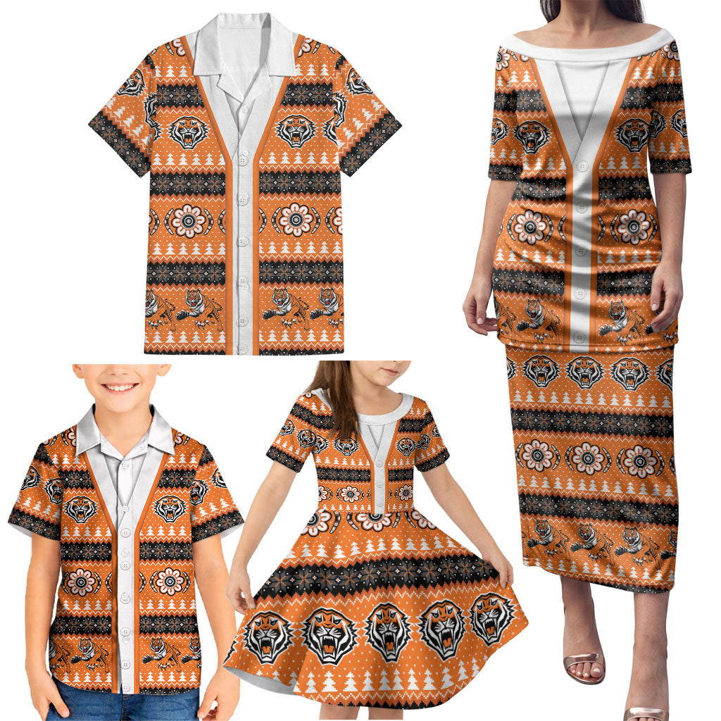 Tigers Rugby Christmas Family Matching Puletasi and Hawaiian Shirt Aboriginal Seamless Cardigan Inspired